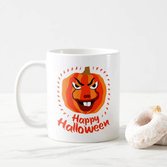 Taza De Café 🎃 Feliz Halloween - Calabaza divertida, asustada  (Con donut)