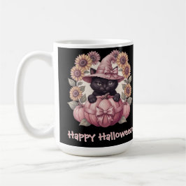 Taza De Café Feliz Halloween Coquette Gato Negro y Calabaza Ros