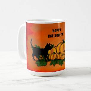 Taza De Café Feliz Halloween, Gato Negro, Bat y Calabaza