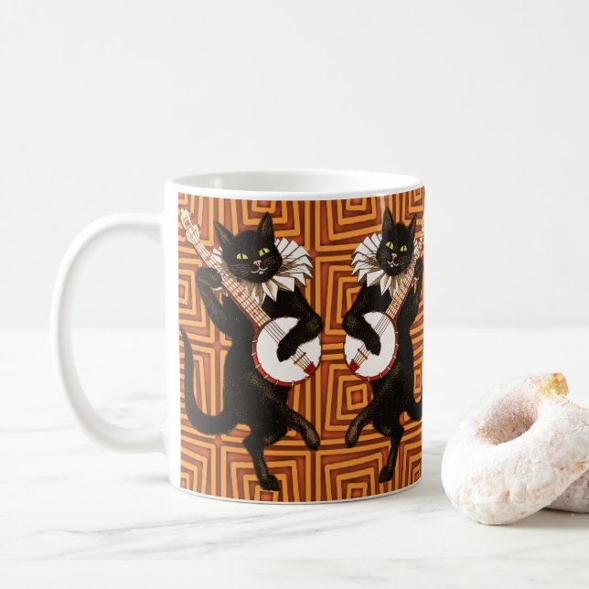 Taza De Café Feliz Halloween Negro Cat Banjo Fondo Naranja (Con donut)