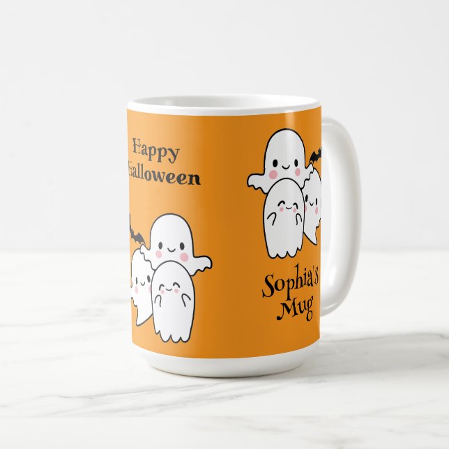 Taza De Café Feliz Halloween Personaliza NOMBRE Ghosts Bat (Anverso derecho)