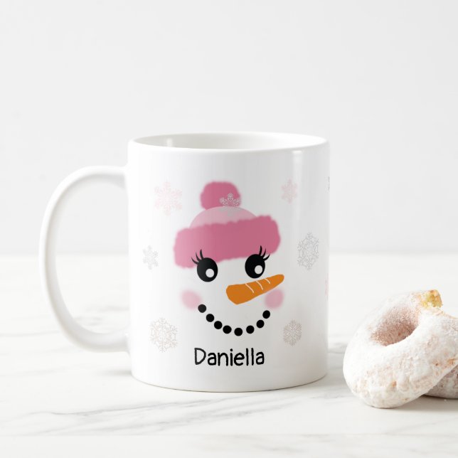 Taza De Café Feliz hombre de nieve (Chica) y copos de nieve - p (Con donut)