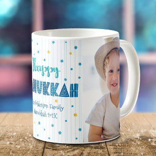 Taza De Café Feliz Janucá 2 Foto Tipografía Divertida Turquesa