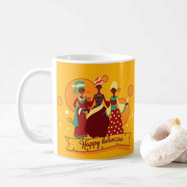 Taza De Café Feliz Kwanzaa 3 Damas de Amarillo (Con donut)