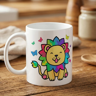 Taza De Café Feliz león sonriente con mariposas.