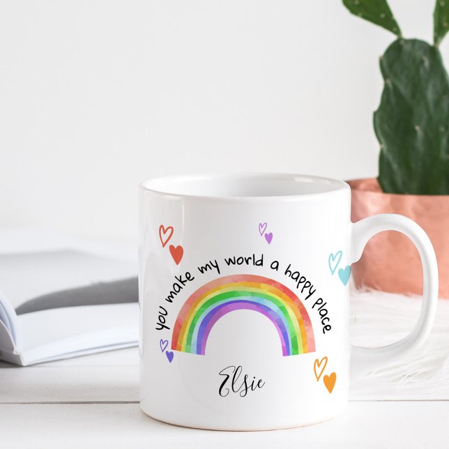 Taza De Café Feliz lugar Arcoiris y corazones coloridos (Happy Place rainbow mug - ideal teacher gift, appreciation gift ..)