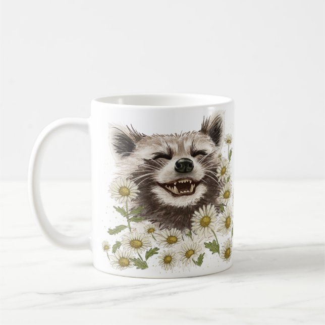 Taza De Café Feliz mapache en daisies (Izquierda)