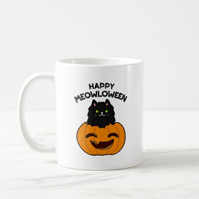 Taza De Café Feliz Meowloween Funny Halloween Pun (Izquierda)