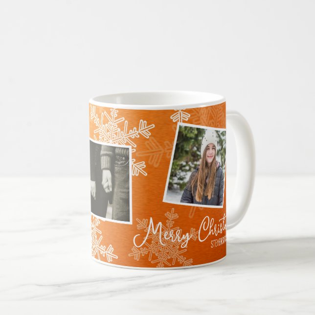 Taza De Café Feliz Naranja navideño Collage de fotos Snowflakes (Anverso derecho)