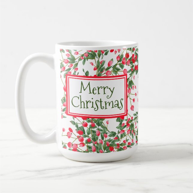 Taza De Café Feliz Navidad acuarela Red Berries Mug (Izquierda)