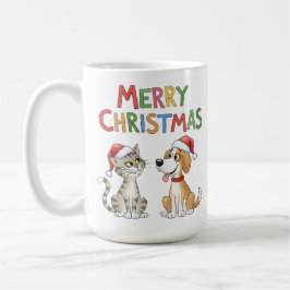 Taza De Café Feliz Navidad al gato y al perro con sombreros de 