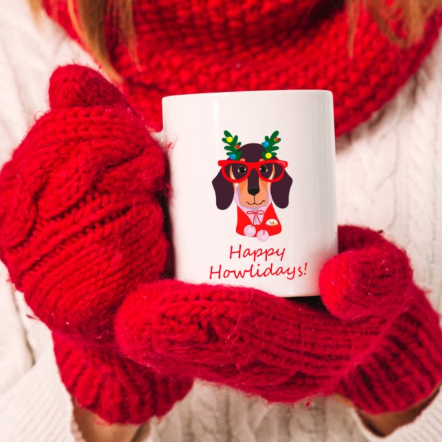 Taza De Café Feliz Navidad Alegre Howlidays Doxie Dachshund Per (Cute Christmas Happy Howlidays Doxie Dachshund Dog Coffee Mug)