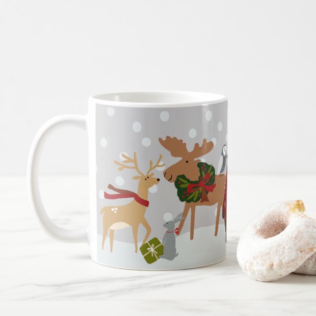 Taza De Café Feliz Navidad: Animales de Woodland personalizados (Con donut)