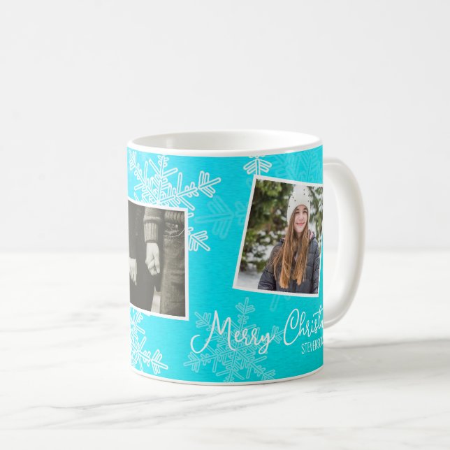 Taza De Café Feliz Navidad Blue Snowflakes Collage de fotos (Anverso derecho)