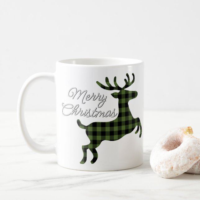 Taza De Café Feliz Navidad Buck en Green Black BuffalCheck (Con donut)