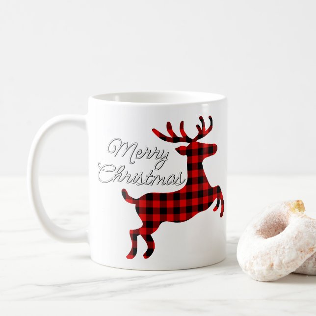 Taza De Café Feliz Navidad Buck en Red Black BuffalCheck (Con donut)