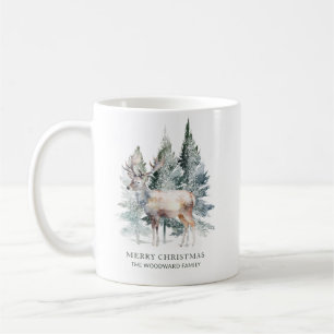 Taza De Café Feliz Navidad Ciervo Bosque Acuarela Personalizado