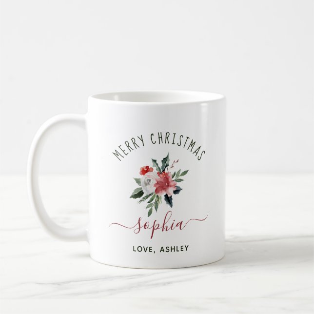 Taza De Café Feliz Navidad con tu nombre | Floral acuarela (Izquierda)