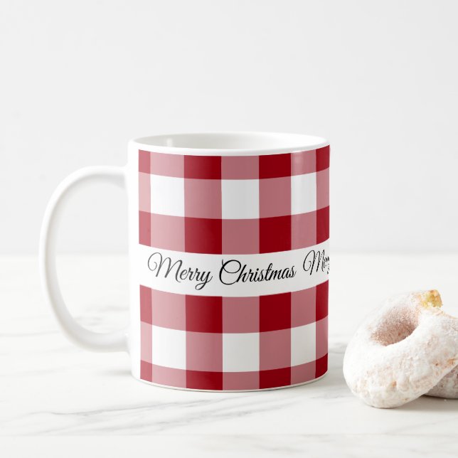 Taza De Café Feliz Navidad de Cuadros Rojo Rústico (Con donut)