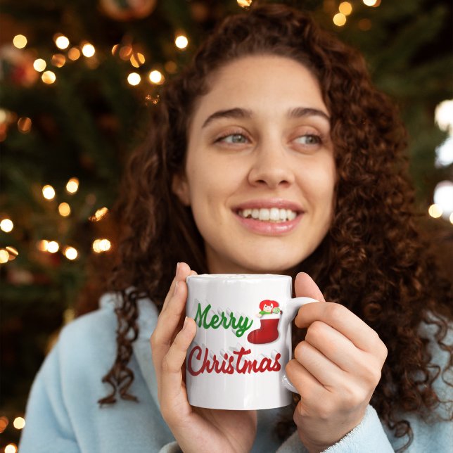 Taza De Café Feliz Navidad Dorado rojo medio guión verde (Subido por el creador)