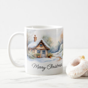 Taza De Café Feliz Navidad en un paisaje nevado