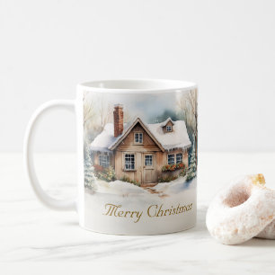 Taza De Café Feliz Navidad en un paisaje nevado