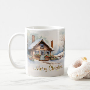Taza De Café Feliz Navidad en un paisaje nevado