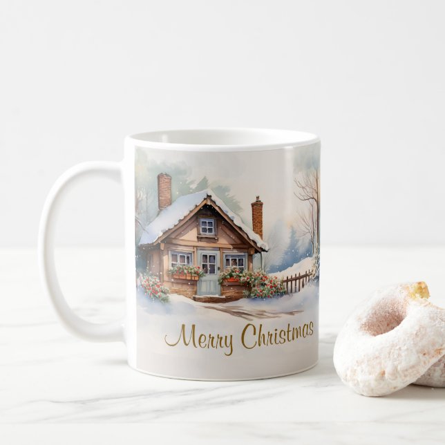 Taza De Café Feliz Navidad en un paisaje nevado (Con donut)