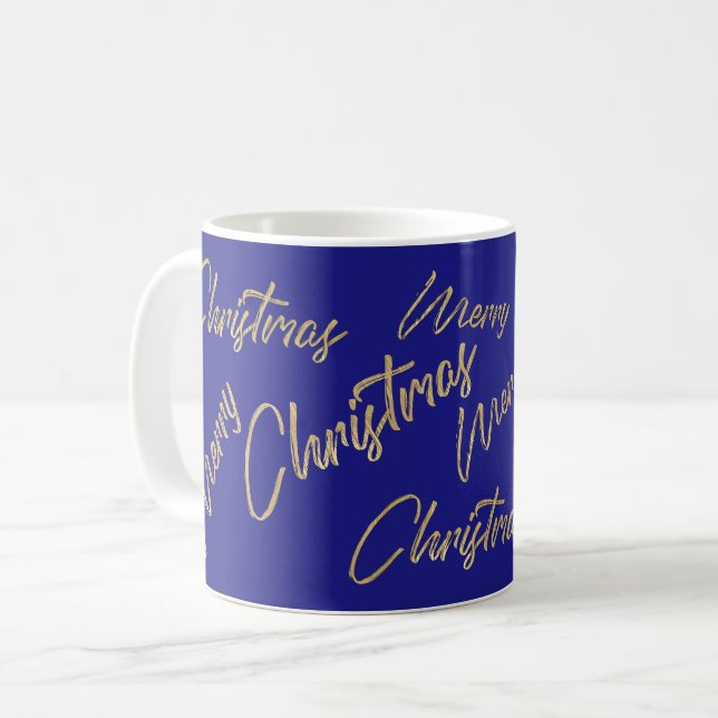 Taza De Café Feliz Navidad Faux Relieve metalizado dorado y azu (Anverso izquierdo)