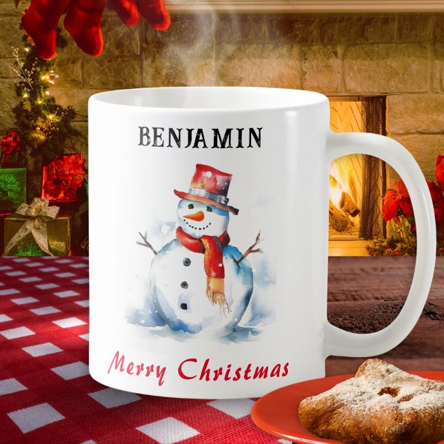 Taza De Café Feliz Navidad Festividad Snowman personalizado (A personalized Christmas mug for hot drinks, with illustration of a snowman in a watercolor style)