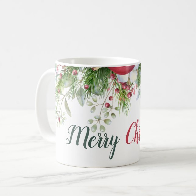 Taza De Café Feliz Navidad Floral corona verde rojo (Anverso izquierdo)