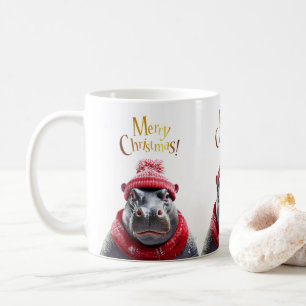 Taza De Café Feliz Navidad Hippo Santa sombrero y bufanda