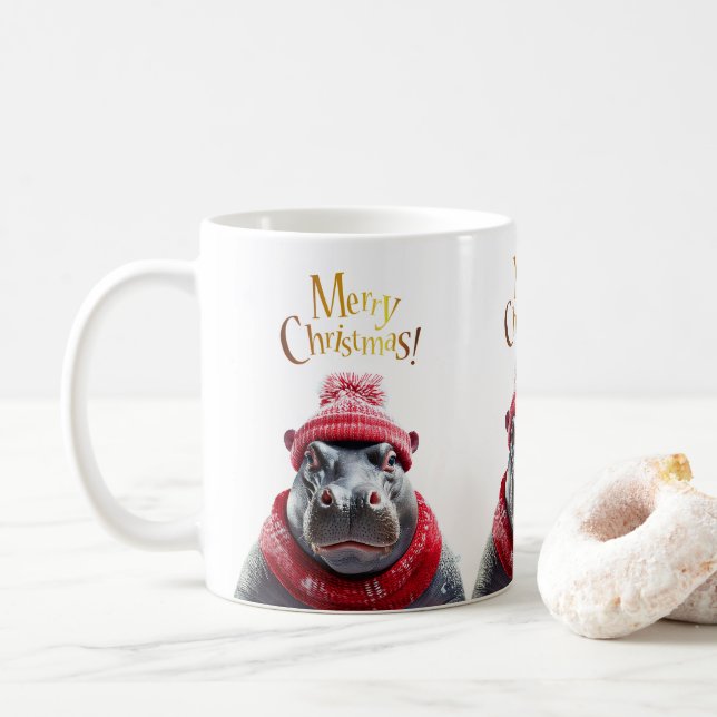 Taza De Café Feliz Navidad Hippo Santa sombrero y bufanda (Con donut)