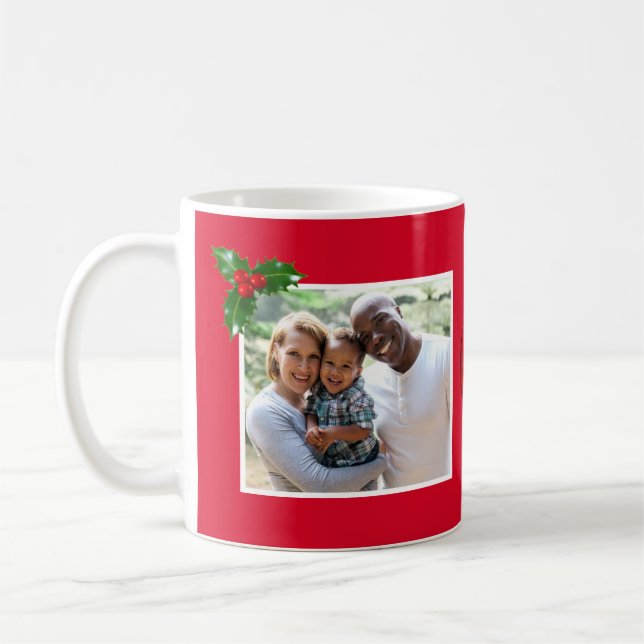 Taza De Café Feliz Navidad Holly Sprig - Foto Personalizado - (Izquierda)