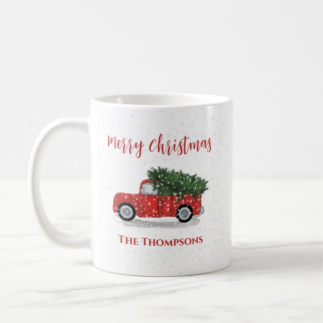 Taza De Café Feliz Navidad Invierno Rustic Red Truck Cute Nieve (Izquierda)