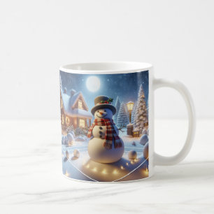 Taza De Café Feliz Navidad Muñeco de Nieve Árbol Nevado Pueblo