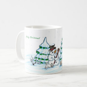 Taza De Café ¡Feliz Navidad! Muñeco de nieve con gato y cachorr