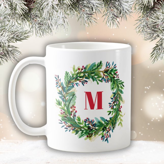 Taza De Café Feliz Navidad Navidad Wreath Monograma inicial (Watercolor Christmas Wreath with monogram/initial. Perfect for Holiday season this winter)