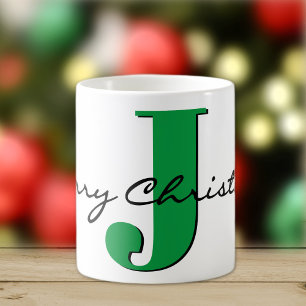 Taza De Café Feliz Navidad Negrita Verde Inicial 11oz Clásico