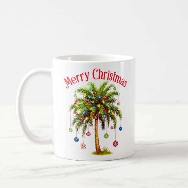 Taza De Café Feliz Navidad Palm Tree Light Tropical Hawaiano (Izquierda)