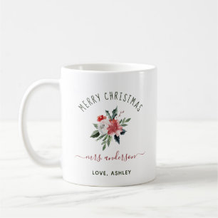 Taza De Café Feliz Navidad para el profesor   Floral acuarela