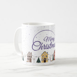 Taza De Café Feliz Navidad Pequeña casa Noche morada estrellada