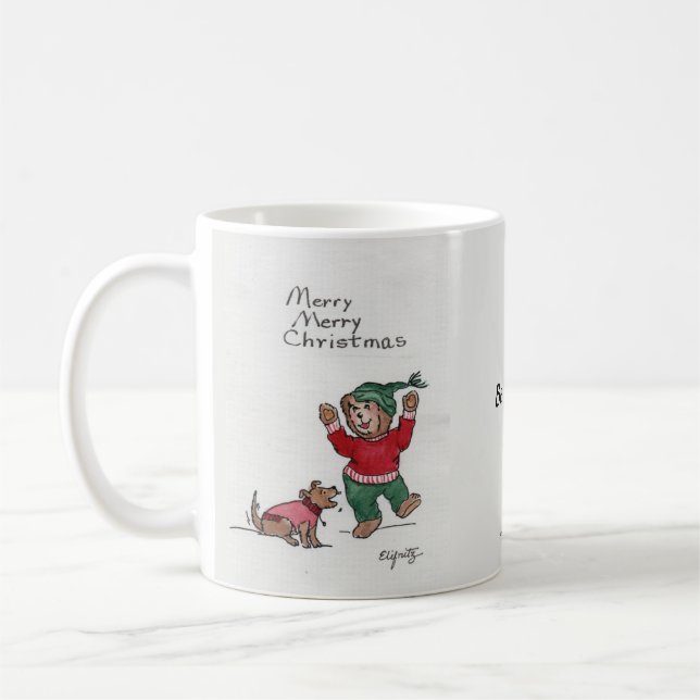 Taza De Café Feliz Navidad, pequeño oso disfruta de la nieve (Izquierda)