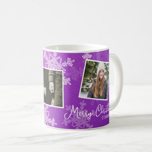 Taza De Café Feliz Navidad Purple Snowflakes Collage de fotos (Anverso derecho)