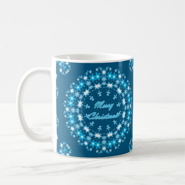Taza De Café Feliz Navidad redondo de nieve invierno blanco azu (Izquierda)
