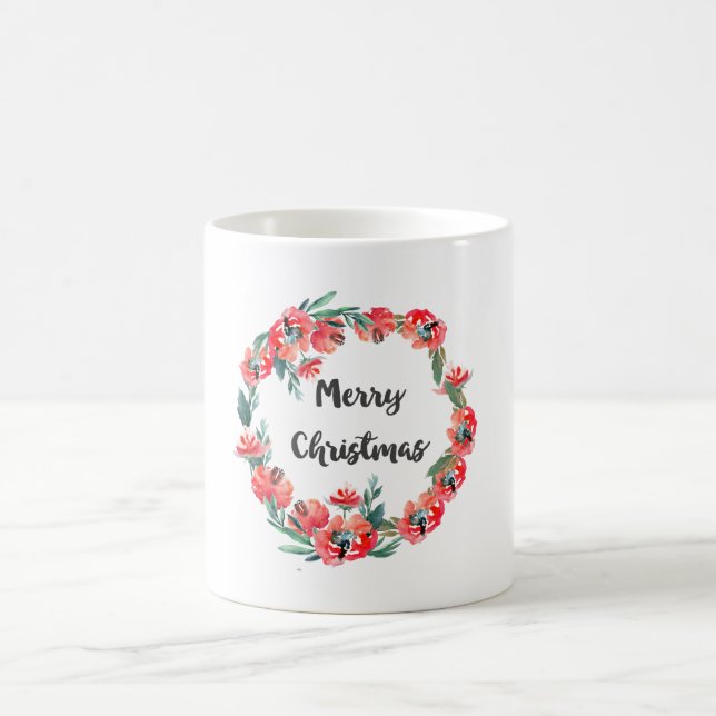 Taza De Café Feliz Navidad Rojo Floral Agua Wreath (Centro)