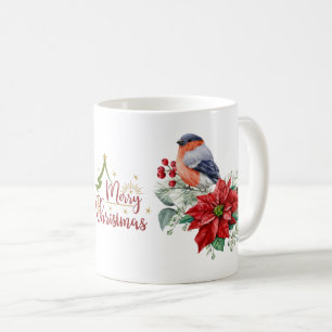 Taza De Café Feliz Navidad Rojo Poinsettia Bird Holly Berry
