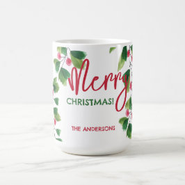 Taza De Café Feliz Navidad Rojo Y Verde Wreath De Acuarela
