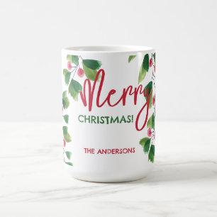 Taza De Café Feliz Navidad Rojo Y Verde Wreath De Acuarela