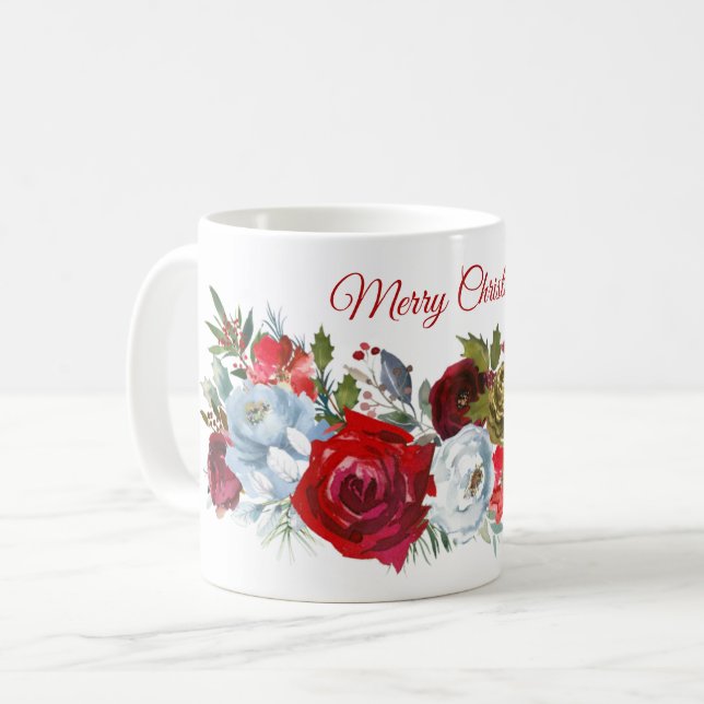 Taza De Café Feliz Navidad Roses Blancos Rojos Holly Cones de P (Anverso izquierdo)